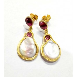 Fresh Water Pearl Garnet Earrings Gold Plated Silver Earrings